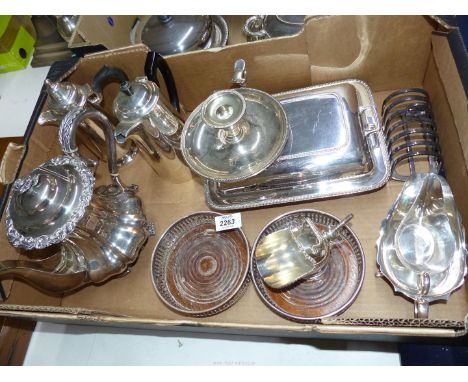 A quantity of Epns to include: Harrods lidded serving dish, sauce boats, chamberstick with snuffer, tea pot, bottle coasters,