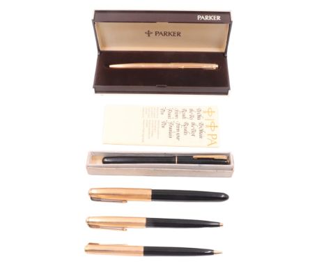 Four vintage Parker rolled gold pens together with a boxed Waterman 502 fountain pen
