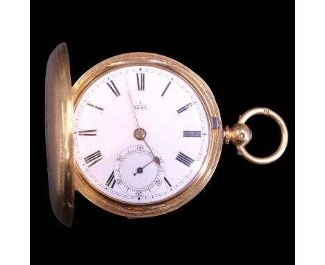 A Victorian 18 ct gold hunter pocket watch, having an un-named key-wind lever movement, its enamel face having Roman numerals