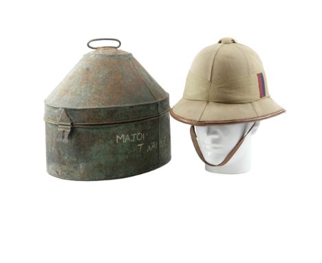 A Second World War Royal Army Medical Corps officer's Wolseley pattern tropical helmet and transit tin, that of a Major T Wal