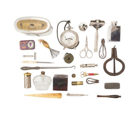 Sundry small collectables including a travel ink pot, a British Linen Bank savings box, a "Magic Pocket Savings Bank", a Jew'