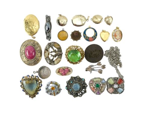 A group of vintage costume jewellery including rolled gold locket pendants, a Japanese shakudo brooch and coin pendants