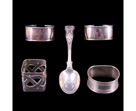 A Victorian King's pattern silver Christening spoon, a silver napkin ring, a pair of Dutch Keltum electroplate napkin rings a
