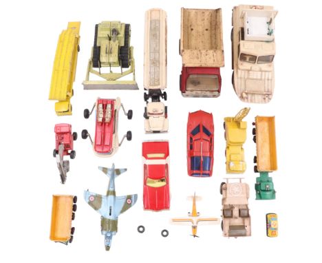 A group of Corgi diecast and other toys including a Euclid TC-12 Tractor, Lunar Bus, Dinky Harrier GR MKI and Matchbox Dodge 