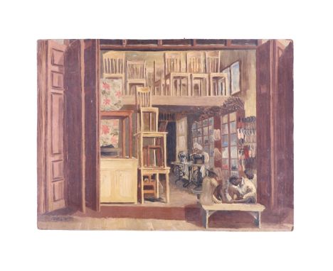A 1950s naive study of an African, or Afro-Caribbean / American, workshop or outfitters, with figures at a bench and a seamst