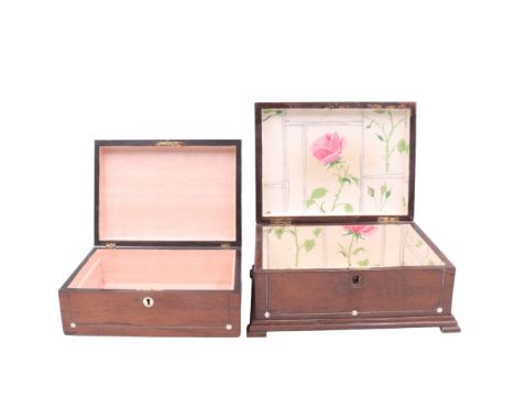 Two Victorian mother-of-pearl and pewter inlaid rosewood table boxes, largest 33 cm x 26 cm x 14 cm 