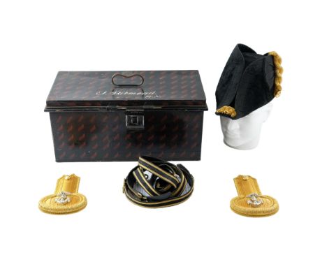 A Royal Navy officer's cased full dress cocked hat, epaulettes and sword belt, those of Captain Jack Bitmead DSO