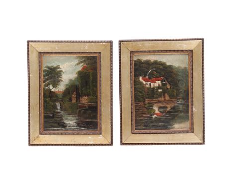 M Matthewson (Edwardian)A pair of semi-naive, summertime river scenes depicting a watermill and a swan before an idyllic cott