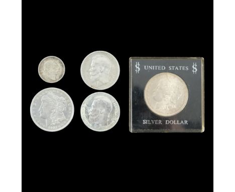Two 1881 US silver Morgan Dollar coins, one slabbed, Denver and San Fransico Mint respectively, together with two silver Russ
