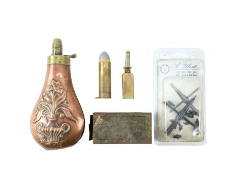 A relic powder flask, an inert large calibre pinfire cartridge, Uberti Colt nipples and wrench, oil bottle and pin-fire cartr