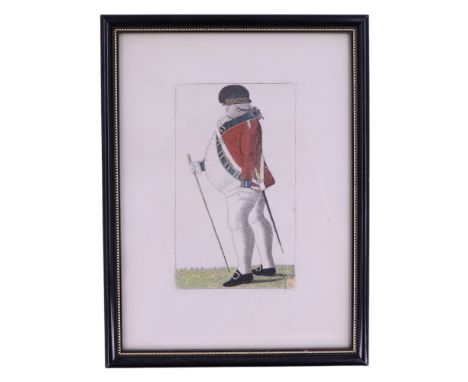 John Kay (1742-1826) "Quartermaster Taylor, 7th Regiment of Foot", watercolour tinted etching, in Hogarth frame under glass, 