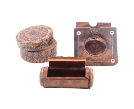 A Victorian Tunbridge War drum-form box together with an ebony string-inlaid burrwood octagonal-section pocket snuff box and 