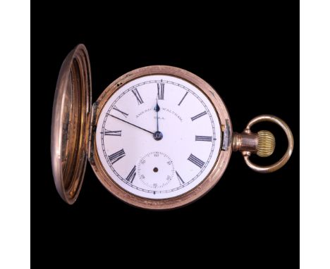 An early 20th Century Waltham Traveller rolled-gold hunter pocket watch, 50 mm excluding stem, crown and bow, (a/f)
