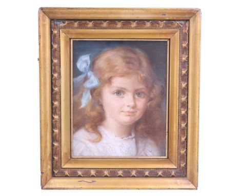 Charlotte Blakeney Ward (Eccles, 1898 - 1939)A portrait of a bright-eyed, innocent-faced young girl with a blue bow in her ca
