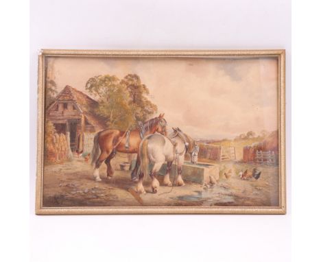  Charles James Keats (1856 - 1934)A study of plough horses drinking at a trough surrounded by the accoutrements of farm life,