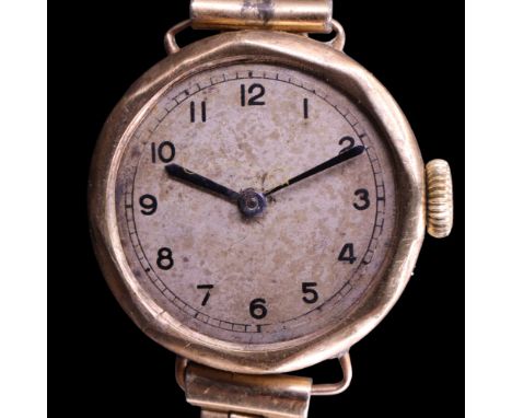 An early 20th Century lady's Omega 9 ct gold wristlet watch, diameter 21 mm excluding crown, (a/f), strap gold-plated