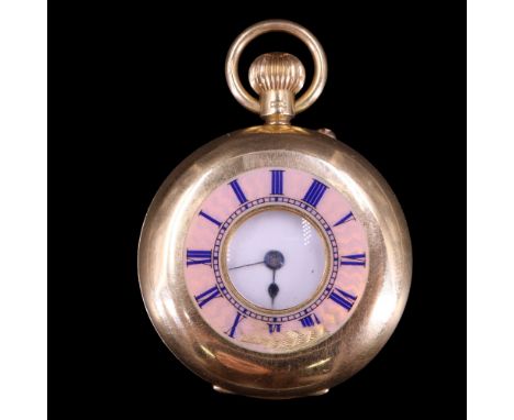 A late Victorian enameled 18 ct gold half-hunter pocket or fob watch by Cooper of 302 Harlow Road, London, having a key-wound