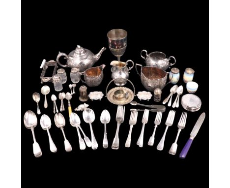 A Victorian three-piece electroplate tea set together with a novelty Kiwi napkin ring, flatware and glass cruets etc