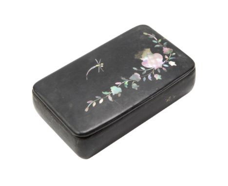 A Victorian abalone-inlaid lacquered mache pocket snuff box, its hinged lid decorated in depiction of a dragonfly and blossom
