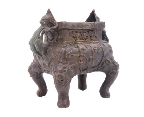 A Chinese cast bronze / brass censer of archaic form, partial seal mark to base, 20th Century, 13 cm x 13 cm x 10 cm