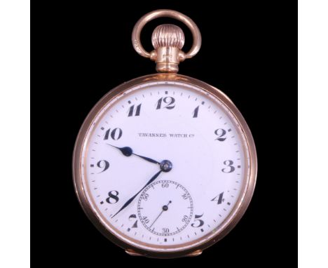 A 1920s Tavannes Watch Co 9 ct gold open-faced pocket watch, having a crown-wound movement, white enamel face, blued-steel po