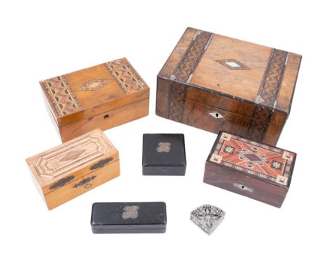 A group of trinket and jewellery boxes including an early 20th Century moire-lined walnut jewellery box decorated with Tunbri