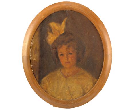 A portrait of a young girl gazing serenely past the viewer from a warmly lit room, oil on canvas, late 19th / early 20th cent
