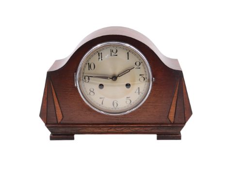 A Haller Art Deco-style inlaid oak mantle clock, 32 cm x 23 cm