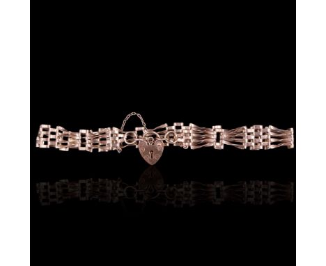 A 9ct gold gate-link bracelet with a heart-shaped padlock clasp, 20 cm, 5.1 g