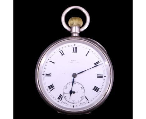 A George V Zenith silver pocket watch, having a crown-wound movement, white enamel face, blued-steel poker hands, Roman numer