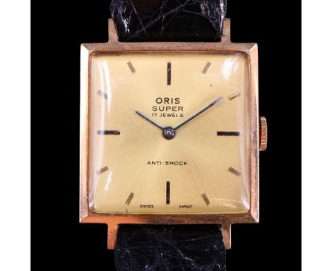 A cased vintage Oris Super gold-plated wristwatch, having a crown-wound 17-jewel movement, radially brushed gilt square face,