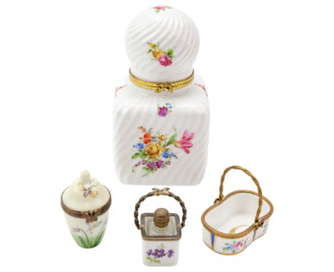 A late 20th Century Limoges ceramic inkwell together with two similar gilt-metal mounted baskets, one housing a glass scent b