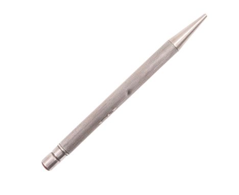 A 1950s silver propelling pencil, decorated with engine turning centred by a vacant cartouche, Cohen &amp; Charles, Birmingha