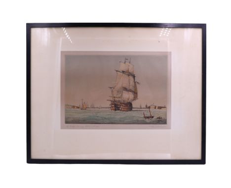 [  Nelson, Trafalgar ] Walter Richards (active 1881–1922)"The Victory Leaving Portsmouth, 1805", watercolour-tinted etching, 