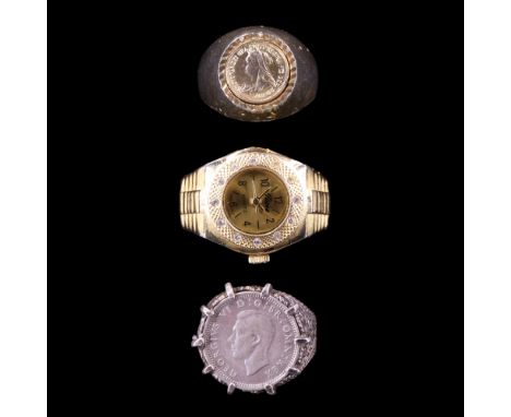 A late 19th / early 20th Century 3d silver coin ring together with one other coin ring and a Japanese watch ring
