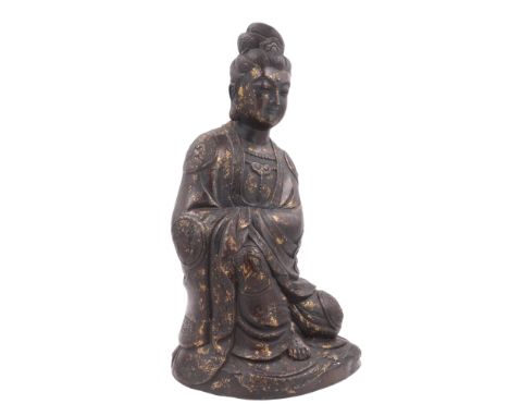 A Chinese large 'gold splashed' bronze figure of Guanyin, Qianlong four-character mark, 47 cm