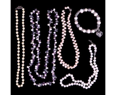 A vintage single-strand pearl necklace, (7 mm, 47 mm), together with three contemporary freshwater pearl necklaces and a brac