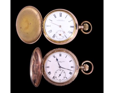 Two vintage rolled-gold hunter pocket watches comprising a Waltham Traveller and a Thomas Russell &amp; Son of Liverpool, tog