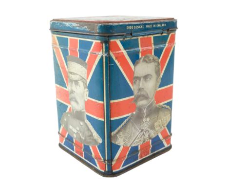 A Boer War patriotic transfer-printed tinplate tea caddy depicting Lord Roberts, Lt General Lord Methuen, Lord Kitchener, Gen