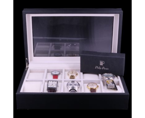 A watch display case and collection of vintage wristwatches comprising a Smiths, Limit Centenary Series, Breil Tribe, Poljot 