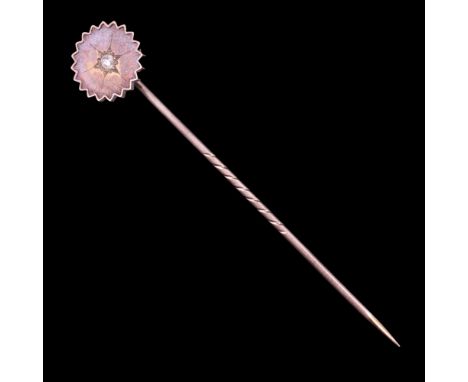 A Victorian gold stick pin its terminal set with a small old-cut diamond, 7.5 cm 