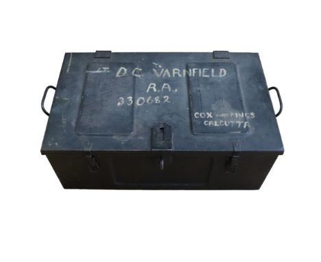 A Second World War British Army officer's strong box, inscribed Lt D Varnfield, RA
