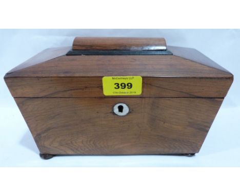 A Regency rosewood sarcophagus tea caddy on compressed bun feet. 9' wide 