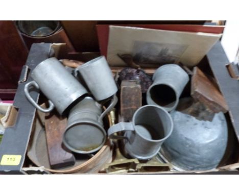 A quantity of sundry wood and metalware, old tools, cutlery etc.