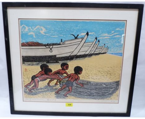 GYOJIN MURAKAMI. JAPANESE 1911-1998 A beach scene with fishing boats and figures. Signed in pencil. Block print no. 1/100. 17