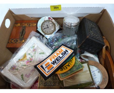 A box of sundries, the lot to include a silver and enamel dressing table clock (A.F.) and a silver topped jar