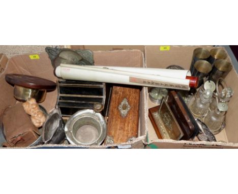 Two boxes of metalware and treen to include a Japanese scroll landscape picture 