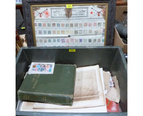 A box of stamps, together with framed Japanese examples