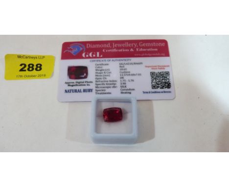 A loose cushion cut ruby stone. 10.65 carats. Heat treated