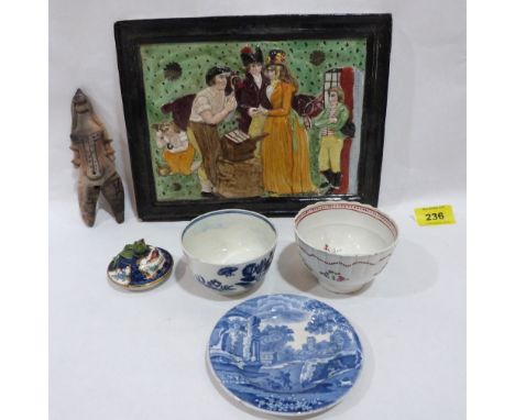 A 19th century ceramic plaque (A.F.); a blue and white child's plate, two tea bowls, a Worcester blue scale pot cover and a S